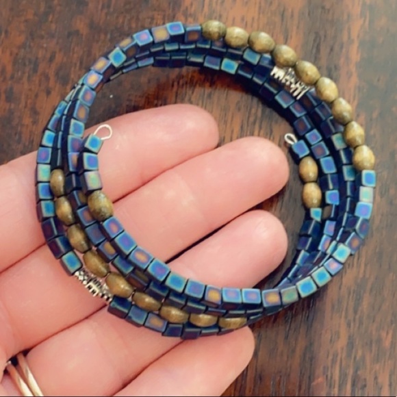 Stack Iridescent Peacock Silver and Wood Bracelet - Picture 1 of 15